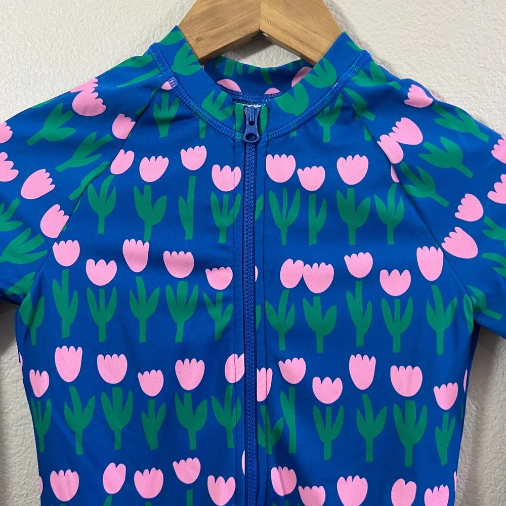 Hanna Andersson Girls Blue Pink Tulip Long Sleeve Rash Guard Swimsuit Size 8 130